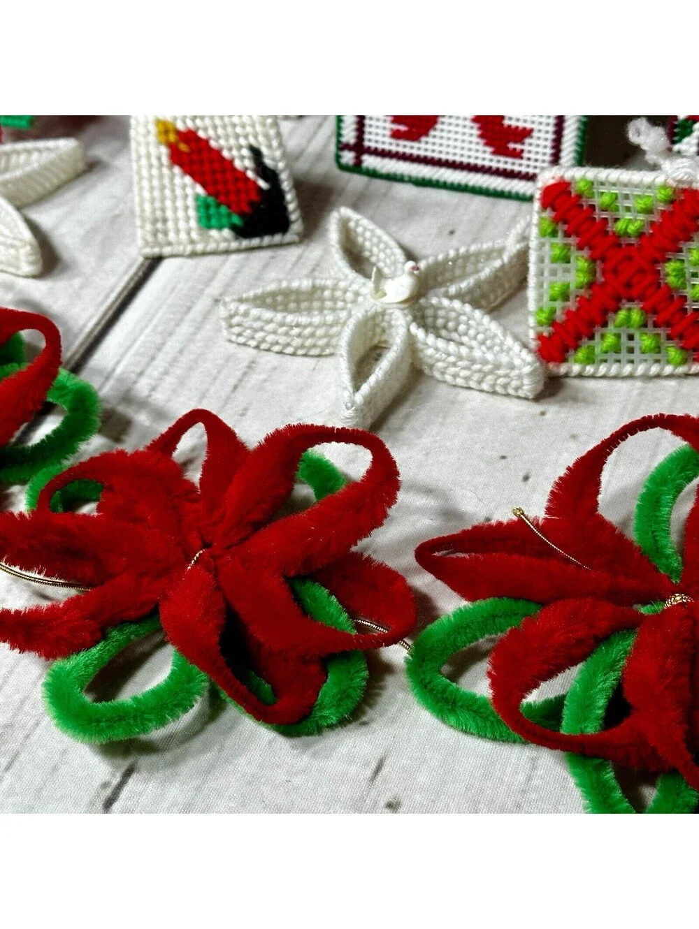 Vintage Lot 21 Plastic Canvas & Crocheted Christmas Ornaments & Poinsettia Decor